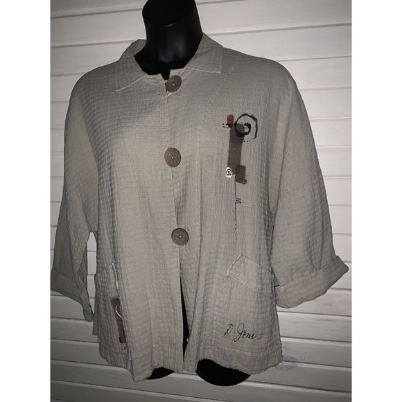 Phoenix Conexion USA Sz XL ART to WEAR Hand Painted Waffle Khaki Jacket EUC - Picture 2 of 10